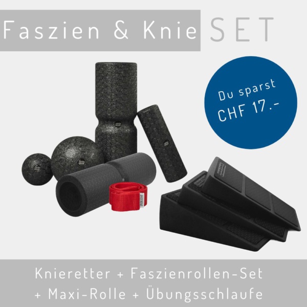 Knie-Set bestehend aus dem Faszien-Rollmassage-Set Basic, der Übungsschlaufe und dem Knieretter