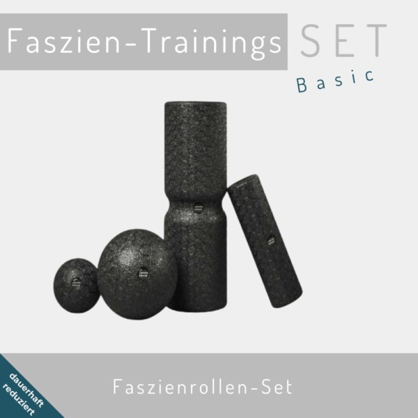 Faszien-Trainings-Set BASIC Set mit Medi-Rolle, Mini-Rolle, Medi-Kugel, Mini-Kugel. Ein praktischer Leinenrucksack zur Aufbewahrung der Faszienrollen rundet das Set ab.