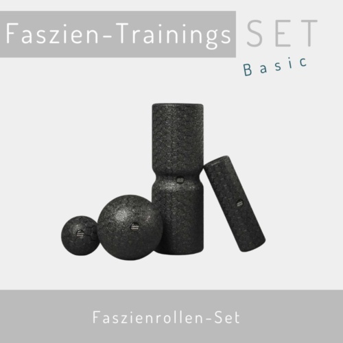 Faszien-Trainings-Set BASIC Set mit Medi-Rolle, Mini-Rolle, Medi-Kugel, Mini-Kugel, DVD mit Anleitung und Schmerzzuordnung. Ein praktischer Leinenrucksack zur Aufbewahrung der Faszienrollen rundet das Set ab.