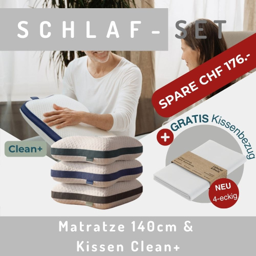 Produkte-Teaser: Schlaf-Set 140cm Matratze & Kissen Clean+ & gratis Kissenbezüge eckig