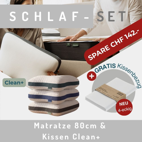 Produkte-Teaser: Schlaf-Set 80cm Matratze & Kissen Clean+ & gratis Kissenbezüge eckig